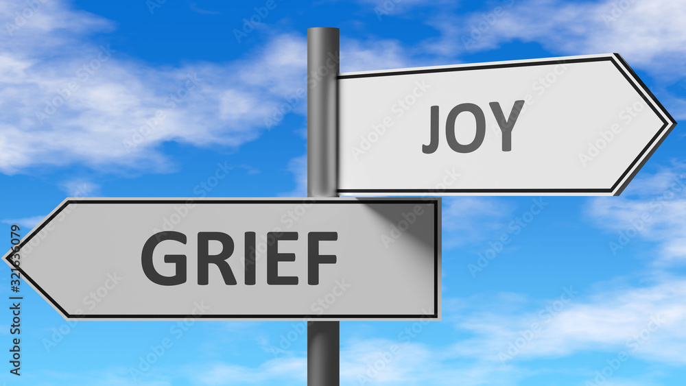 Grief and joy as a choice - pictured as words Grief, joy on road signs to show that when a person makes decision he can choose either Grief or joy as an option, 3d illustration Grief and joy as a choice - pictured as words Grief, joy on road signs to show that when a person makes decision he can choose either Grief or joy as an option, 3d illustration