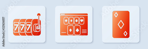 Set Online poker table game, Slot machine with lucky sevens jackpot and Playing card with diamonds symbol. White square button. Vector