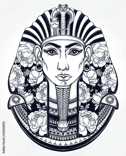 Hand-drawn vintage illustration of the ancient Egyptian  Pharaoh's head. Tattoo art, graphic, t-shirt design, postcard, poster design, coloring books. Tutankhamen mask. Vector illustration.