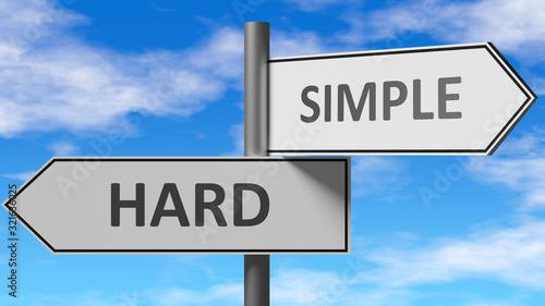 Hard and simple as a choice - pictured as words Hard, simple on road signs to show that when a person makes decision he can choose either Hard or simple as an option, 3d illustration