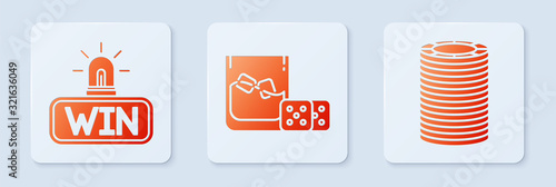 Set Game dice and glass of whiskey with ice cubes, Casino win and Casino chips. White square button. Vector