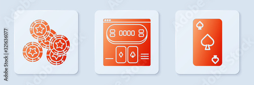 Set Online poker table game, Casino chips and Playing card with spades symbol. White square button. Vector