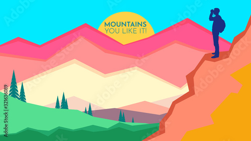 Tourist on top looks in binoculars. Explorer. Tourism on mountain of flyer, poster, cover, banner. Active lifestyle invitation concept background. Layout illustration modern page. Flat design