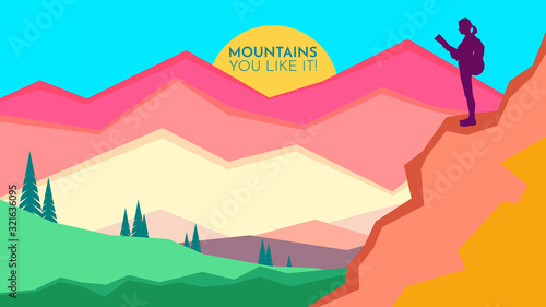 Woman with backpack on top looks at map. Explorer. Tourism on nature template of flyer, poster, cover, banner. Active lifestyle invitation concept background. Layout illustration modern. Flat design