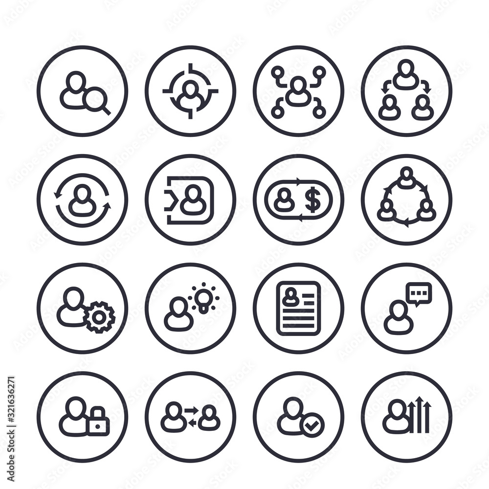 Management, human resources, HR line icons set on white Management, human resources, HR line icons set on white