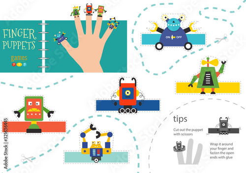 Finger puppet vector robots. Cut and glue educational worksheet for preschool or school kids