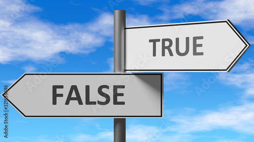 False and true as a choice - pictured as words False, true on road signs to show that when a person makes decision he can choose either False or true as an option, 3d illustration