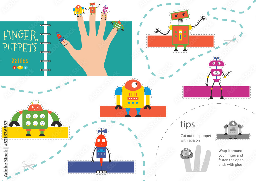 Finger puppet vector robots. Cut and glue educational worksheet for