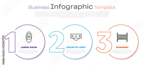 Set line Newborn baby infant swaddled, Baby absorbent diaper and Baby crib cradle bed. Business infographic template. Vector