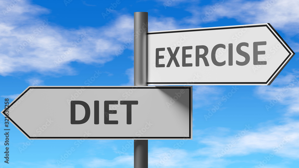 Diet and exercise as a choice - pictured as words Diet, exercise on road signs to show that when a person makes decision he can choose either Diet or exercise as an option, 3d illustration Diet and exercise as a choice - pictured as words Diet, exercise on road signs to show that when a person makes decision he can choose either Diet or exercise as an option, 3d illustration