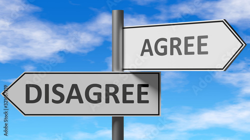 Fotografia Disagree and agree as a choice - pictured as words Disagree, agree on road signs