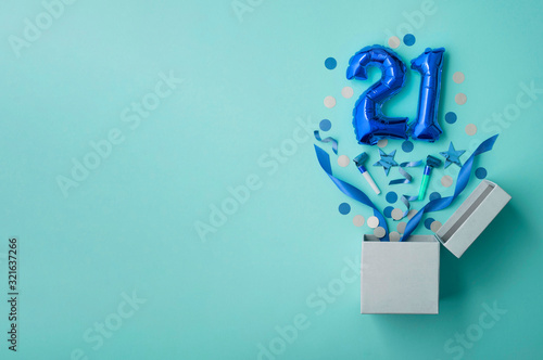 Photography Number 21 birthday balloon celebration gift box lay flat explosion