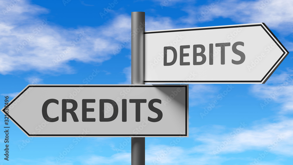 Credits and debits as a choice - pictured as words Credits, debits on road signs to show that when a person makes decision he can choose either Credits or debits as an option, 3d illustration Credits and debits as a choice - pictured as words Credits, debits on road signs to show that when a person makes decision he can choose either Credits or debits as an option, 3d illustration