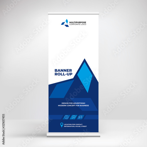 Roll-up stand, banner for mobile advertising of goods and services, modern graphic background for product presentation and promotion	