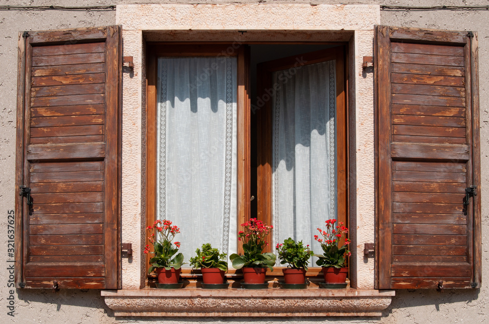 window with wooden shutters and flower pots
