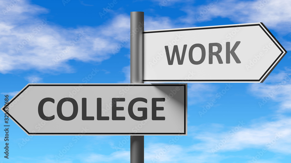 College and work as a choice - pictured as words College, work on road signs to show that when a person makes decision he can choose either College or work as an option, 3d illustration College and work as a choice - pictured as words College, work on road signs to show that when a person makes decision he can choose either College or work as an option, 3d illustration
