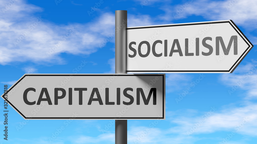 Capitalism and socialism as a choice, pictured as words Capitalism, socialism on road signs to show that when a person makes decision he can choose either option, 3d illustration Capitalism and socialism as a choice, pictured as words Capitalism, socialism on road signs to show that when a person makes decision he can choose either option, 3d illustration