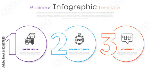 Set line Car rental, Stopwatch 24 hours and Map pointer with taxi. Business infographic template. Vector