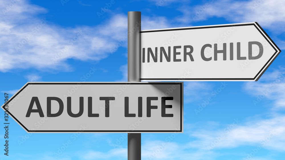 Adult life and inner child as a choice, pictured as words Adult life, inner child on road signs to show that when a person makes decision he can choose either option, 3d illustration Adult life and inner child as a choice, pictured as words Adult life, inner child on road signs to show that when a person makes decision he can choose either option, 3d illustration