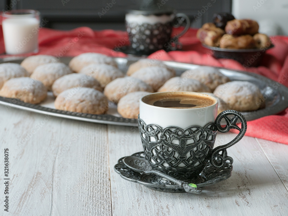 Fototapeta premium Sweets and black coffee. Ramadan kareem holiday concept.