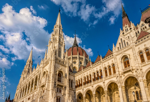 Budapest, Hungary - August 29, 2019:Hungarian Parliament building in the city of Budapest. A sample of neo-gothic architecture, Budapest's tourist attraction © konoplizkaya