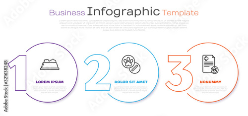 Set line Pet food bowl, Dog and pills and Clipboard with medical clinical record pet. Business infographic template. Vector