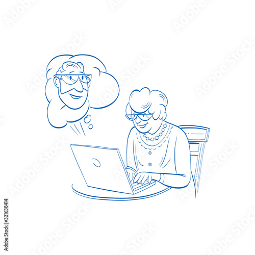 Elderly woman communicates on the internet. Comics cartoon vector illustration