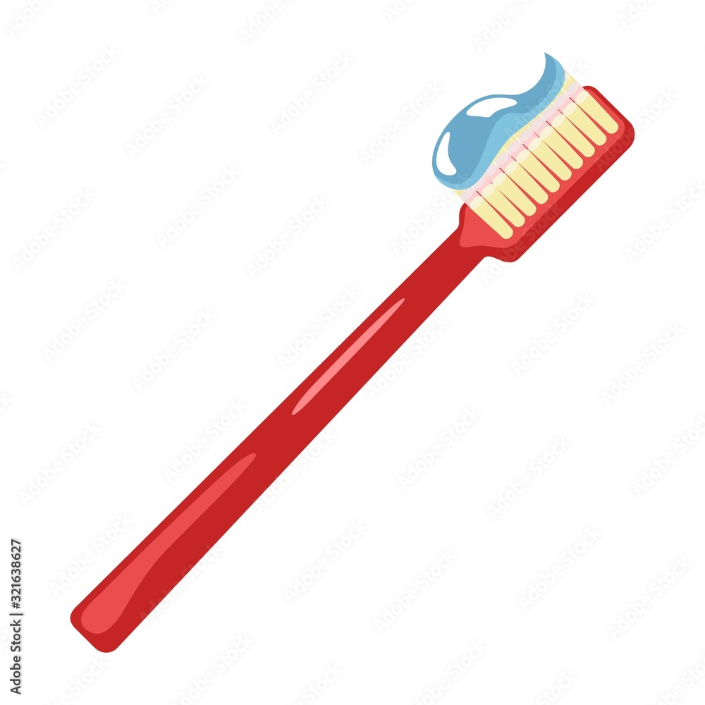 Light red toothbrush with extruded purple toothpaste. Personal, oral hygiene supplies, toiletries. Vector cartoon illustration isolated on white background for dental, stomatological projects. Light red toothbrush with extruded purple toothpaste. Personal, oral hygiene supplies, toiletries. Vector cartoon illustration isolated on white background for dental, stomatological projects.