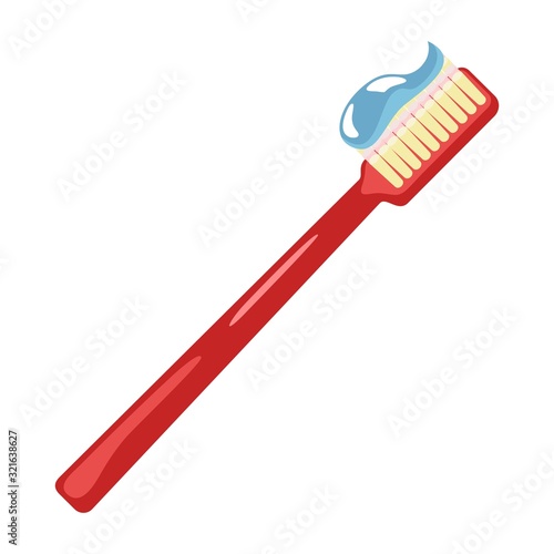Light red toothbrush with extruded purple toothpaste. Personal, oral hygiene supplies, toiletries. Vector cartoon illustration isolated on white background for dental, stomatological projects.
