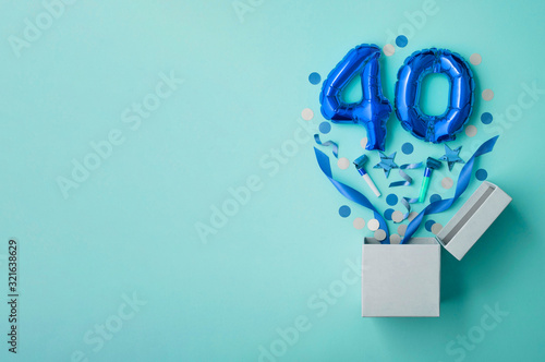 Number 40 birthday balloon celebration gift box lay flat explosion