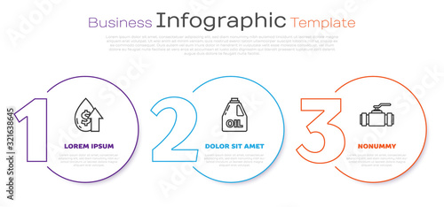 Set line Oil price increase, Canister for motor machine oil and Industry metallic pipes and valve. Business infographic template. Vector