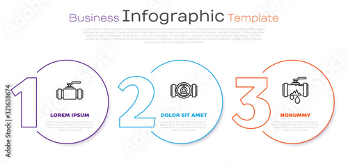 Set line Industry metallic pipes and valve, Industry metallic pipes and valve and Broken metal pipe with leaking water. Business infographic template. Vector