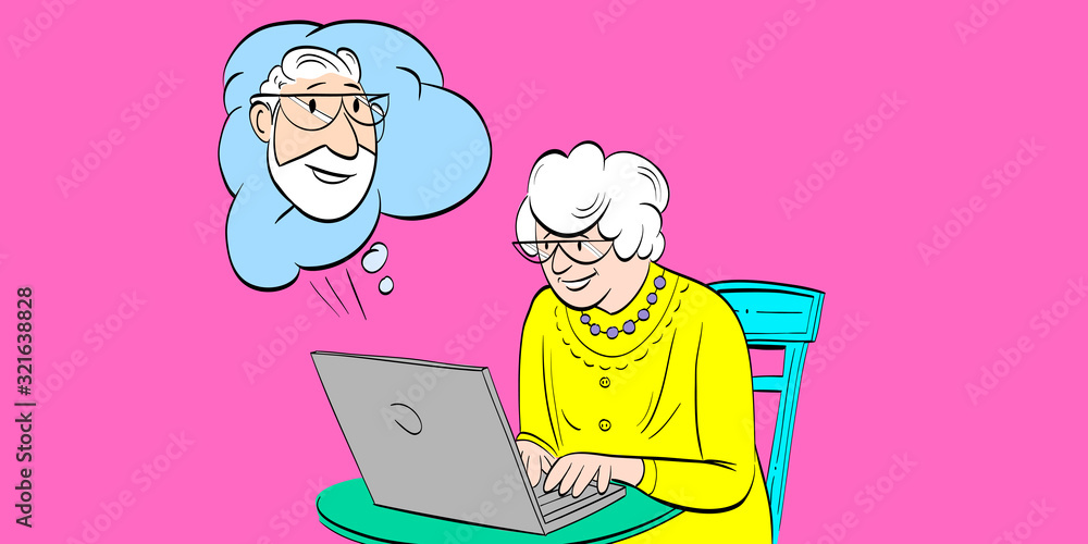 Elderly woman communicates on the internet. Comics cartoon vector illustration