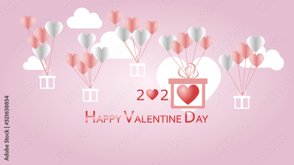 Special Gift box with Heart Balloons floating in the pink sky. Valentine Greeting Card.
