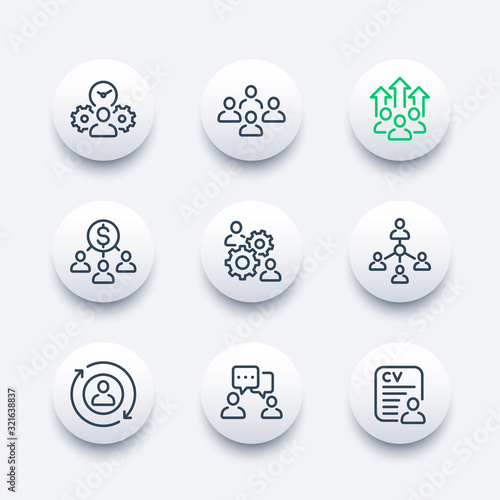 team management, HR, people interacting line icons set