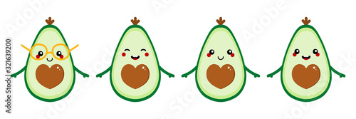 Set, collection of cute cartoon style avocado characters for vegan, healthy diet and cooking design. photo