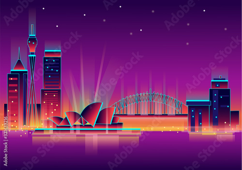 Vector illustration, inspired by 80s disco music, 3d background, neon, Sydney, Australia at sunset, theater. Vector illustration