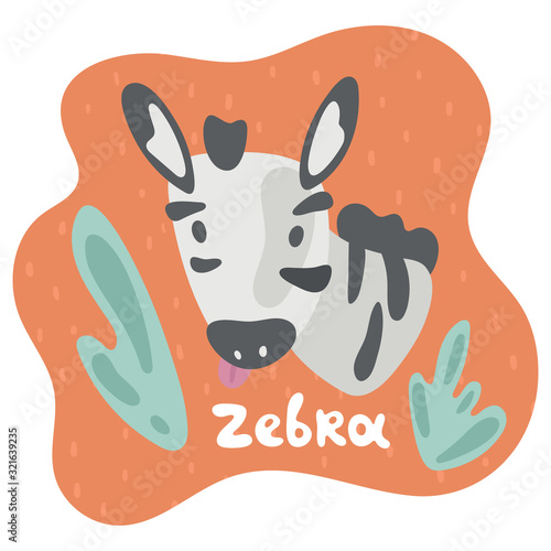 A little baby zebra looks out through a bush and sees surprisingly. Kid zebra in flat style. Text zebra in an orange speech bubble. Isolated images for cards, animal ABC, kids room, education, games.
