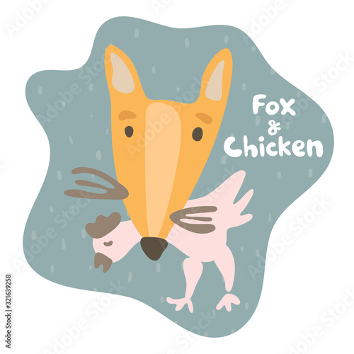 Sly fox caught prey chicken and holds in his teeth. Kid fox in flat style. Text fox and chicken. Mild dark green colored speech bubble. Isolated image for cards, animal ABC, kids room, education games