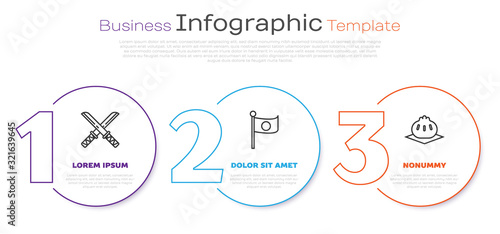 Set line Traditional Japanese katana, National flag of Japan on pole and Khinkali on cutting board. Business infographic template. Vector