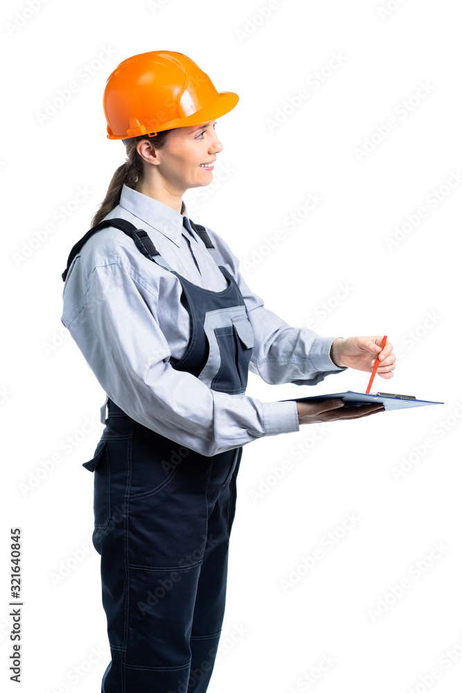 A female civil engineer stands side by side with a contract and waits for approval and signing. Isolated A female civil engineer stands side by side with a contract and waits for approval and signing. Isolated