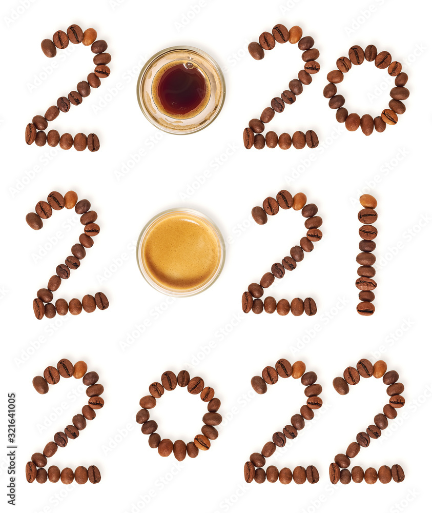 Years 2020, 2021 and 2022. Number arranged from coffee beans and a glass of espresso on a uniform background. Years 2020, 2021 and 2022. Number arranged from coffee beans and a glass of espresso on a uniform background.
