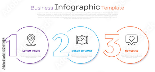 Set line Digital media play with location, Picture landscape and Like and heart. Business infographic template. Vector