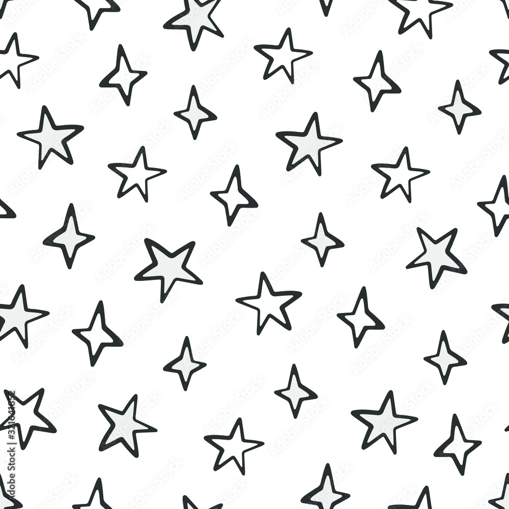 Hand drawn seamless pattern of cute stars on a white background. Doodle vector illustration for Birthday, greeting card, invitation, wallpaper, wrapping paper Hand drawn seamless pattern of cute stars on a white background. Doodle vector illustration for Birthday, greeting card, invitation, wallpaper, wrapping paper