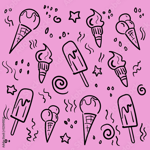 seamless pattern with ice cream on a pink background in doodle style. Outline. Sweet summer desert