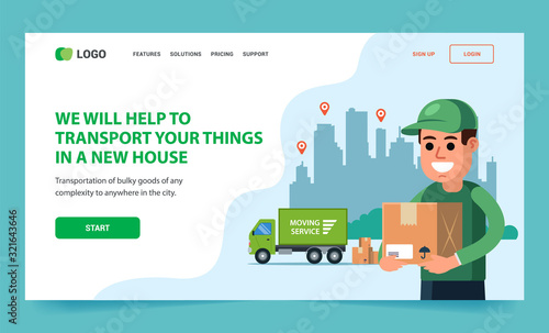 Landing for the delivery of goods to the client. Logistic company. Flat vector illustration of the site.