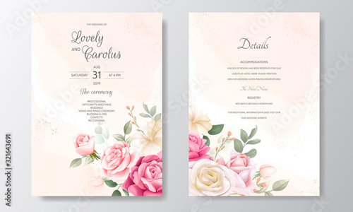 Beautiful floral wedding invitation card template set with watercolor background