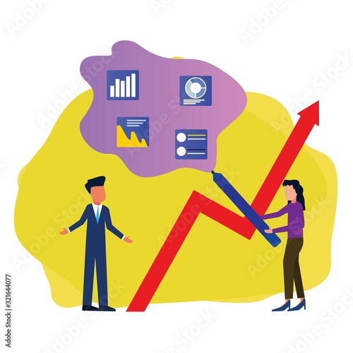 Men and women entrepreneurs communicate and give advice to one another in the continuation of their business. Success in business, economic growth and happiness. Modern vector illustration