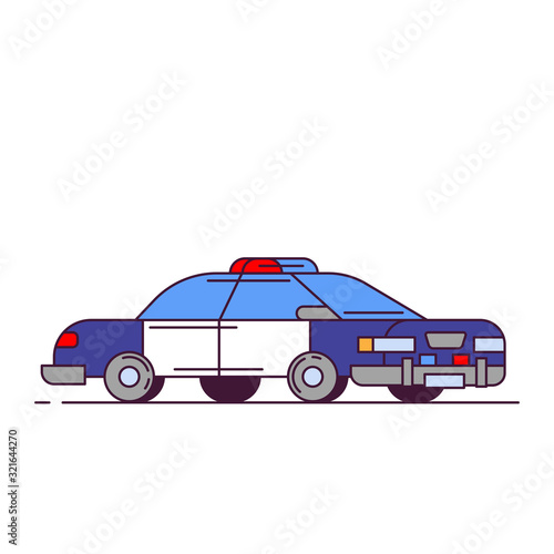 Side view of red police car with lights. Line style vector illustration. Vehicle and transport banner. Modern patrol american car. Blue cops car with white doors.