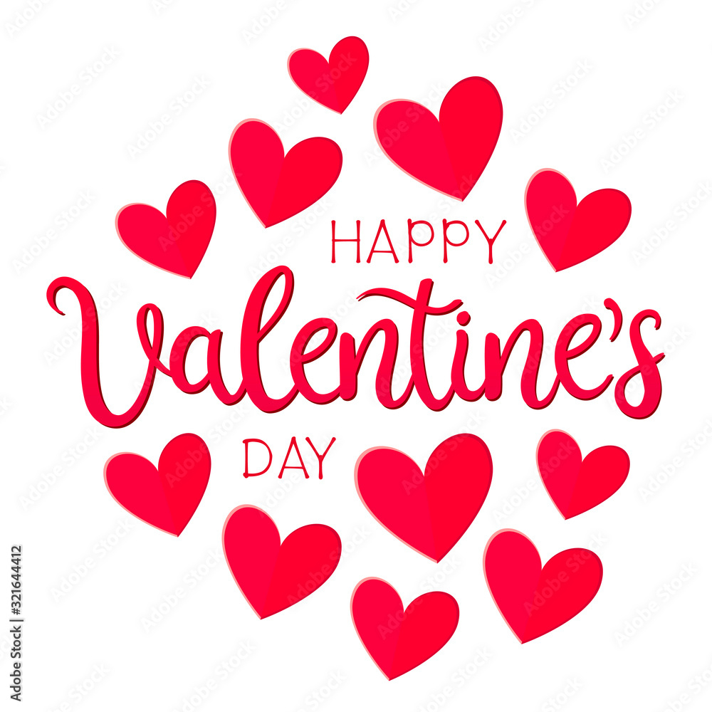 Happy Valentines Day typography poster with handwritten calligraphy text isolated on white background. Vector Illustration with lettering and hearts.